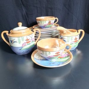Hand Painted 1930s Made in Japan LusterwareSwallow and Pagoda Tea Set incomplete